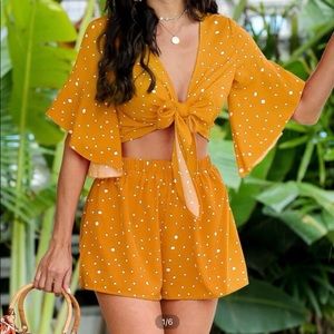 Polka dot self-tie crop top and short set from SHEIN